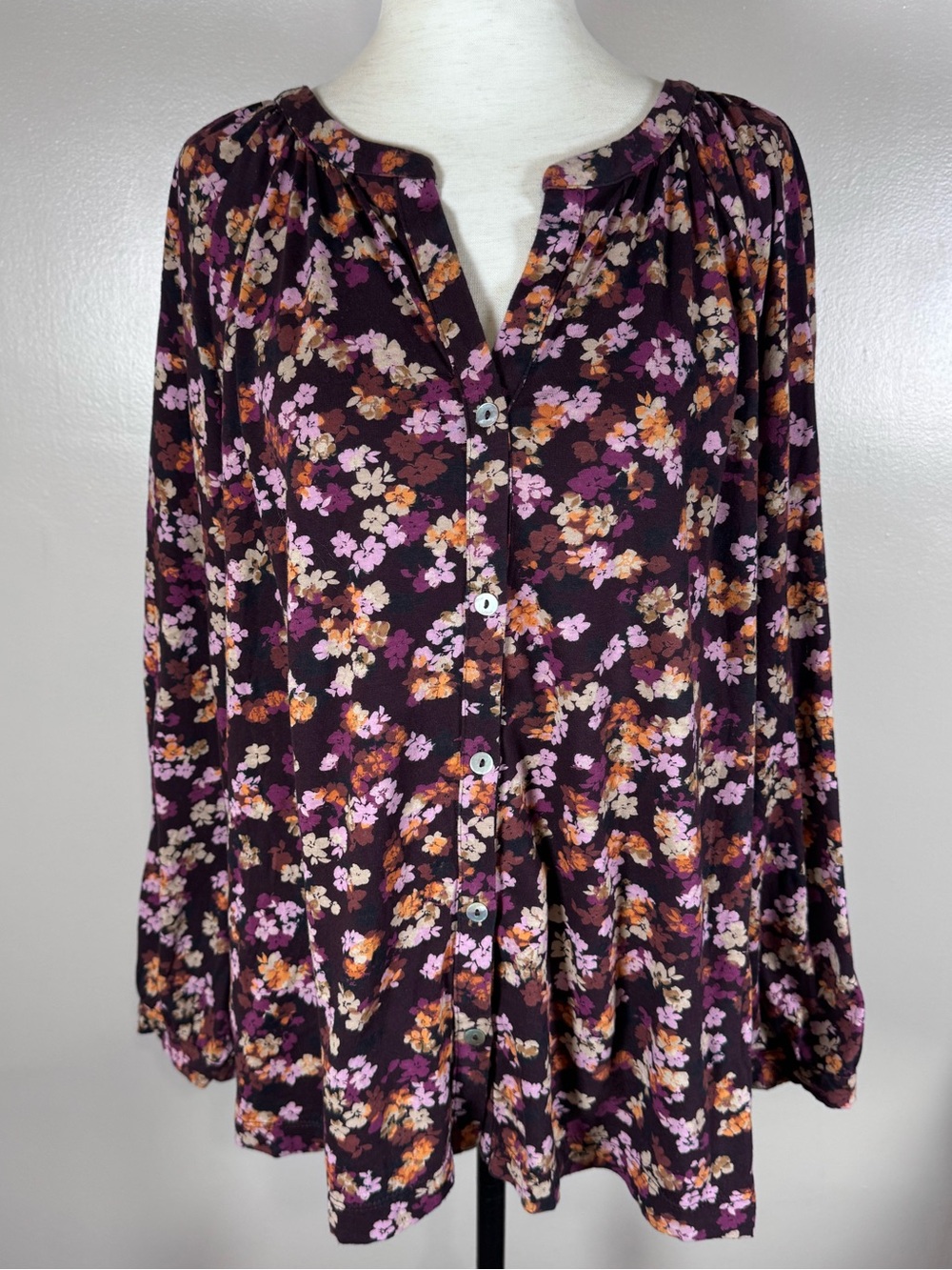 J. Jill Plus Sz 2X Purple Ditsy Floral Soft Cotton Jersey 3/4 Sleeve V Neck Top